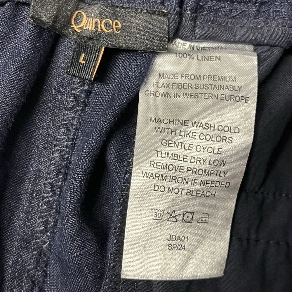 QUINCE 100% European Linen Pants L Drawstring Wide Leg Navy Blue Capsule Coastal